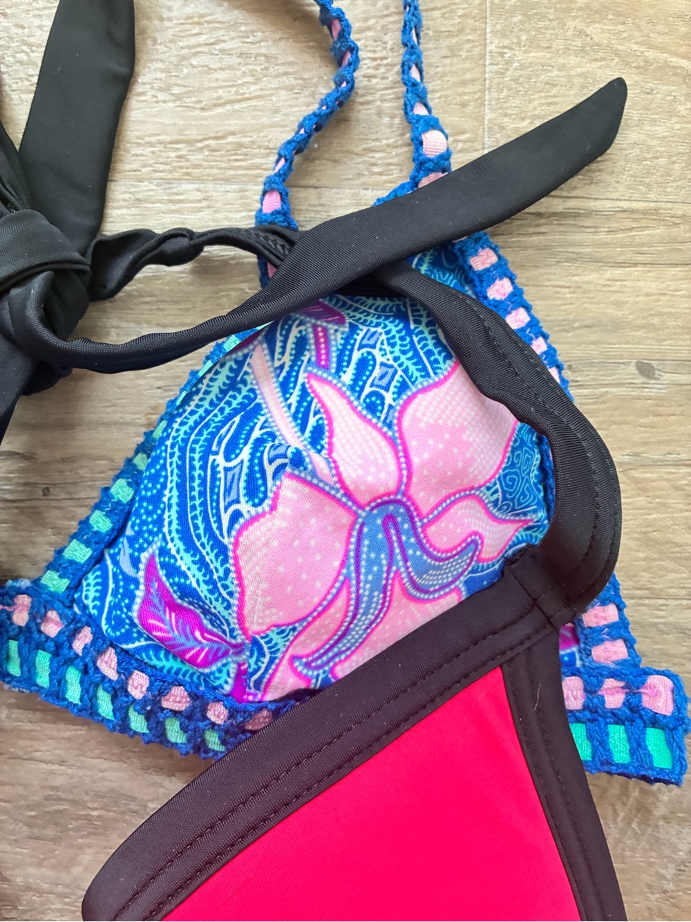 Victoria Secret PINK 2 Strappy Triangle Bikini Swim Tops Crochet Floral Neon - Picture 3 of 12